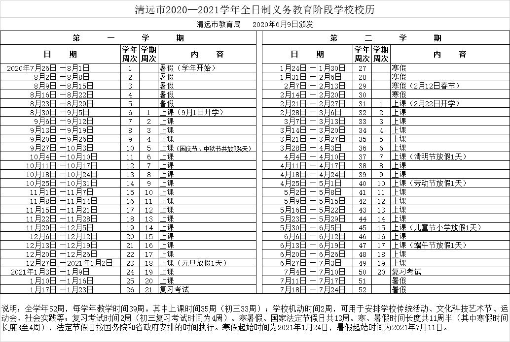 2020清遠中小學(xué)校歷