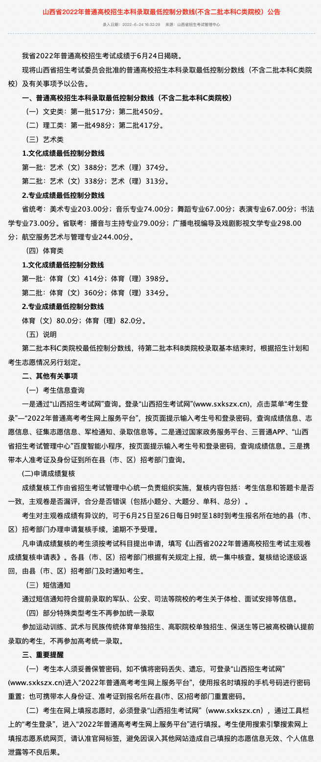 2022年山西高考分數(shù)線
