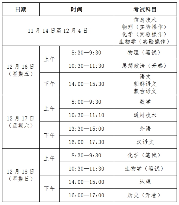 2023年吉林高中各科會考時(shí)間安排一覽表