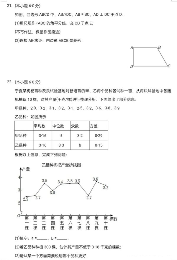 2023年寧夏中考數(shù)學(xué)試卷真題及答案