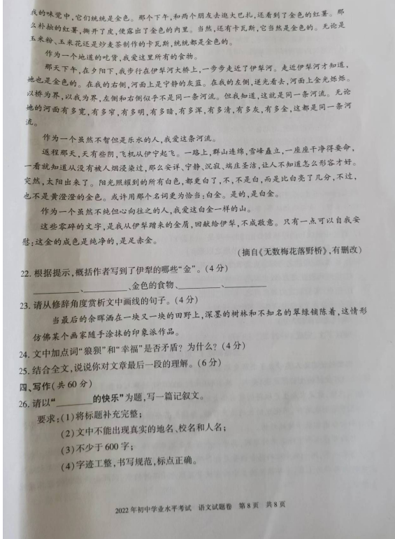 2023年新疆中考語文試卷真題及答案