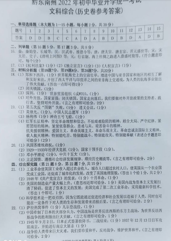 2023年黔東南州中考歷史試卷真題及答案