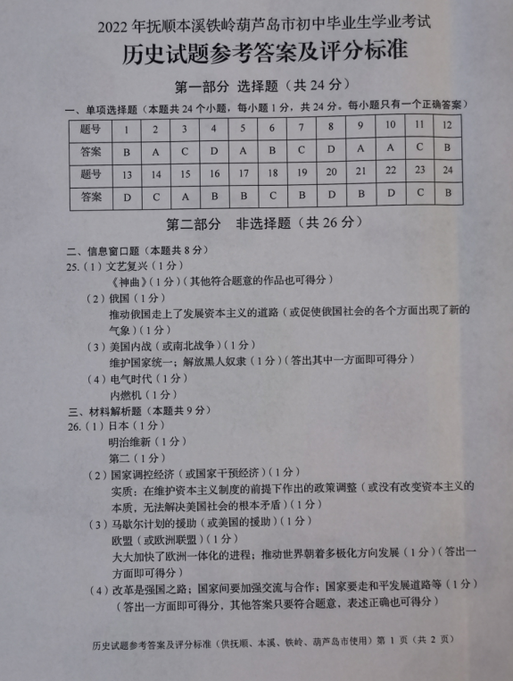 2023年遼陽(yáng)市中考?xì)v史試卷真題及答案