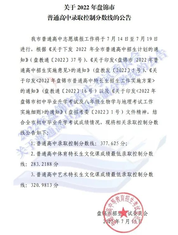 2022年盤錦中考錄取分數線,盤錦市各高中錄取分數線一覽表