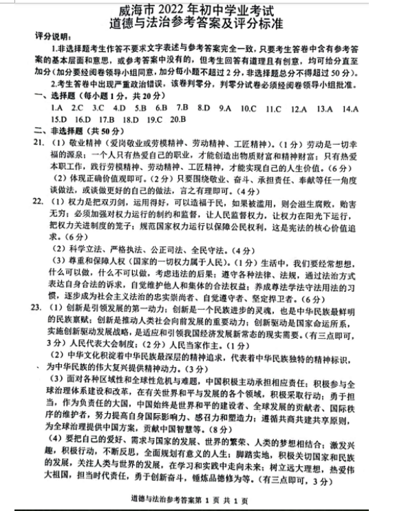 2023年威海市中考道德與法治試卷真題及答案