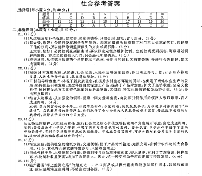 2023年溫州市中考社會(huì)試卷真題及答案