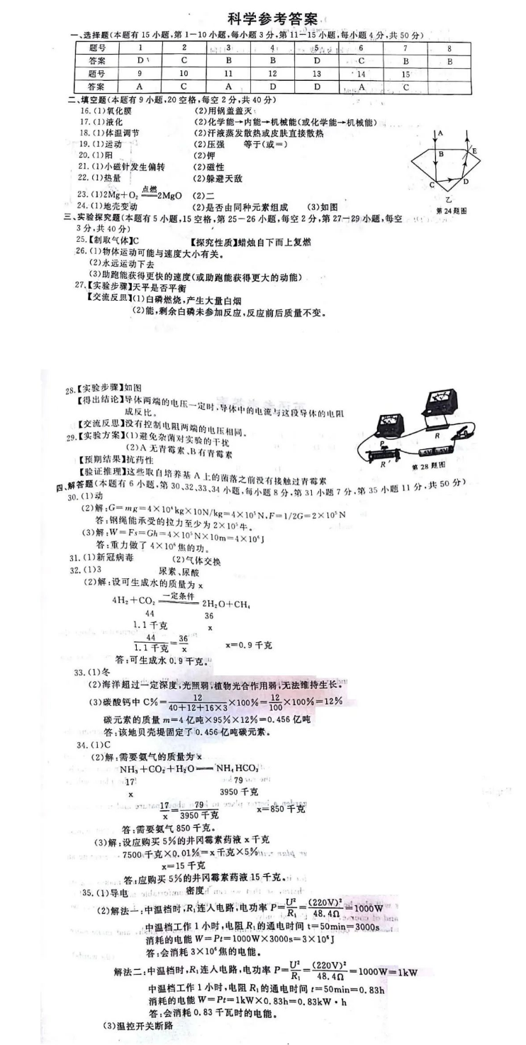 2023年舟山市中考科學(xué)試卷真題及答案