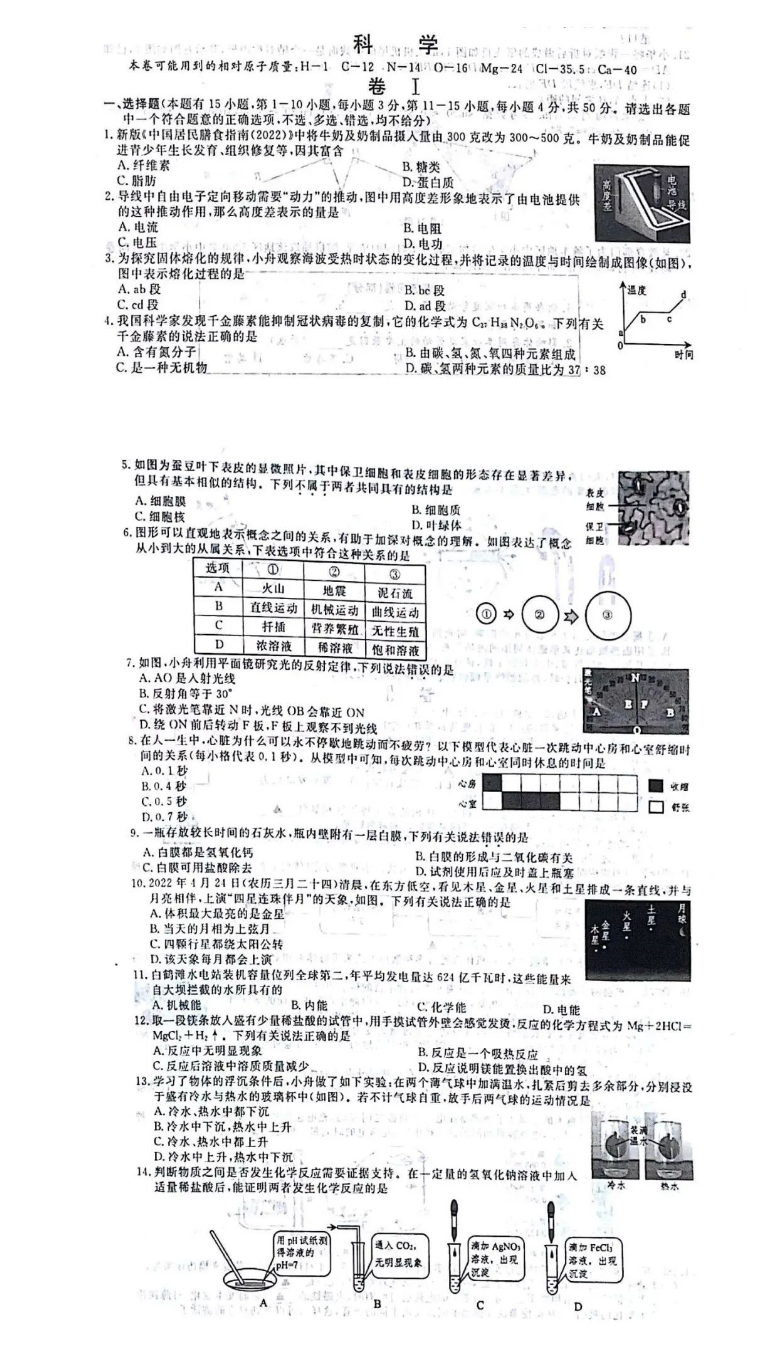 2023年舟山市中考科學(xué)試卷真題及答案