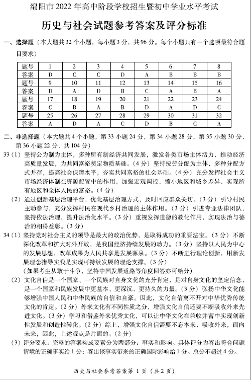 2023年綿陽市中考?xì)v史試卷真題及答案