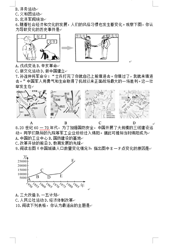 2023年綿陽市中考?xì)v史試卷真題及答案