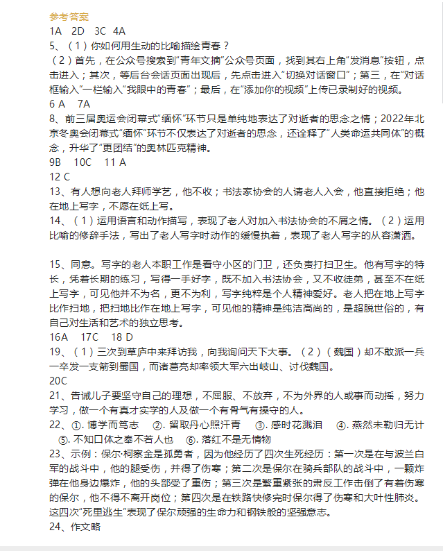 2023年自貢市中考語(yǔ)文試卷真題及答案