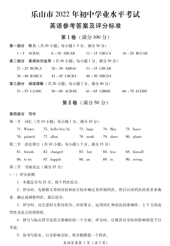 2023年樂山市中考英語(yǔ)試卷真題及答案