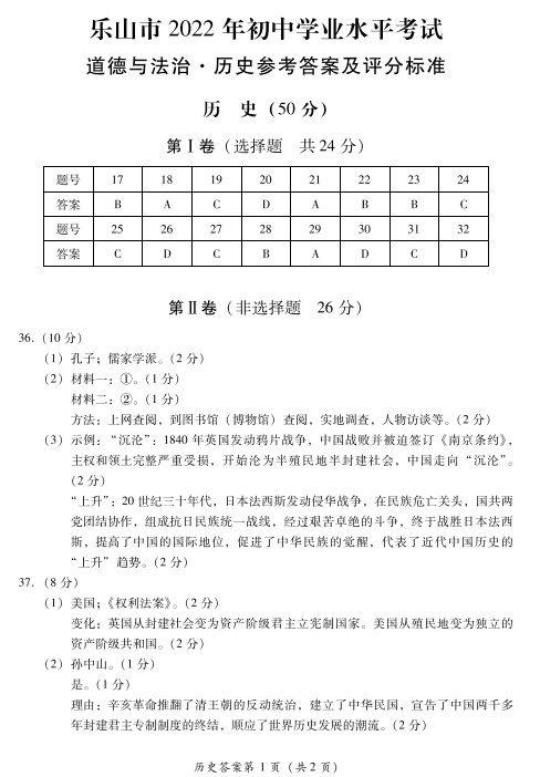 2023年樂山市中考?xì)v史試卷真題及答案
