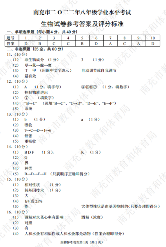 2023年南充市中考生物試卷真題及答案