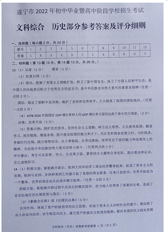 2023年遂寧市中考?xì)v史試卷真題及答案