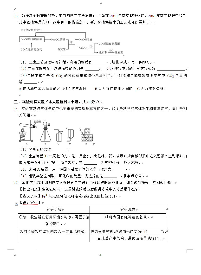 2023年資陽市中考化學真題及答案