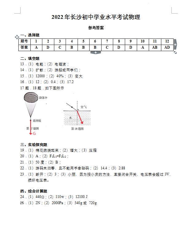 2023年長沙市中考物理試卷真題及答案