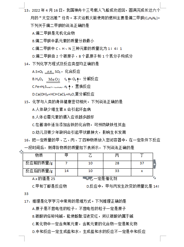 2023年邵陽市中考化學試卷真題及答案