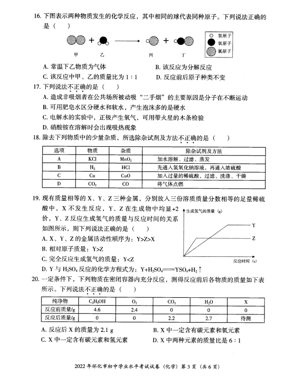 2023年懷化市中考化學試卷真題及答案