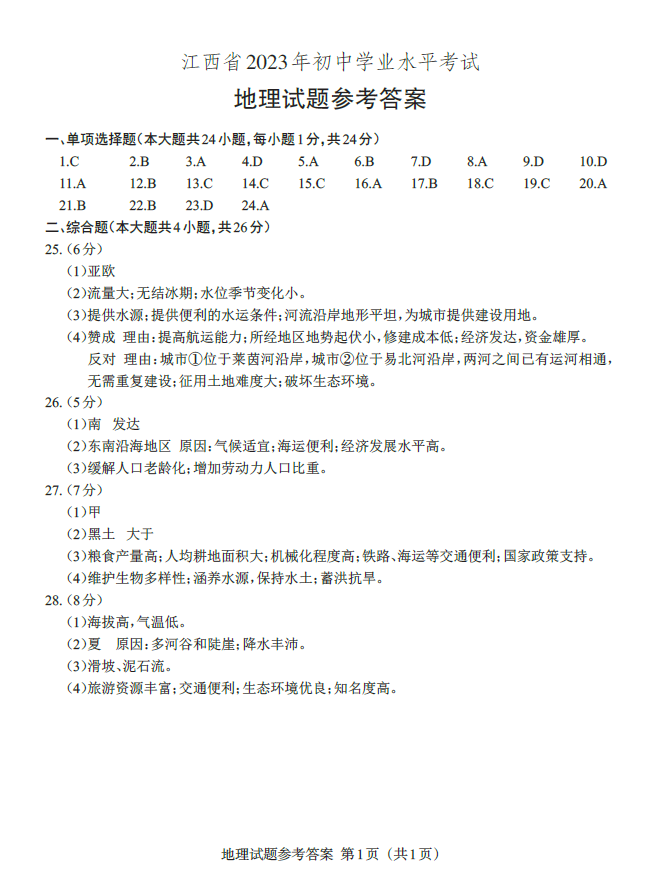 2023年江西中考地理試卷真題及答案