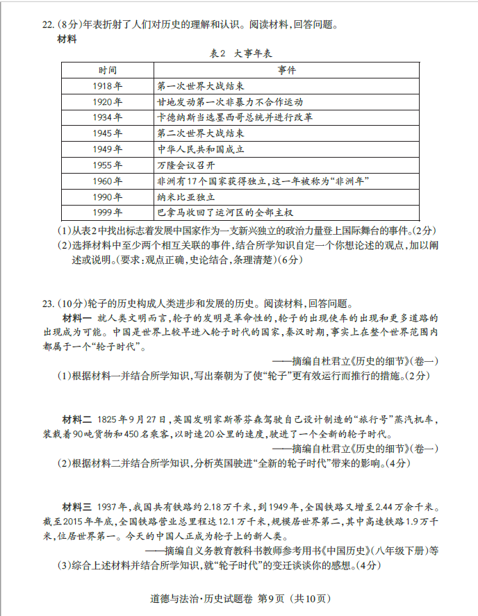 2023年江西中考歷史試卷真題及答案