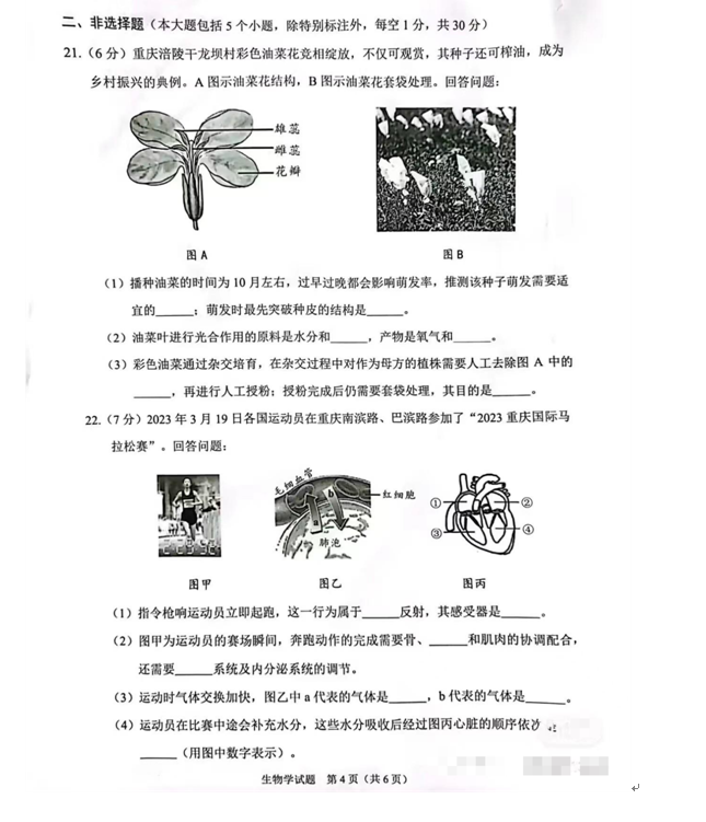 2023年重慶中考生物試卷真題及答案