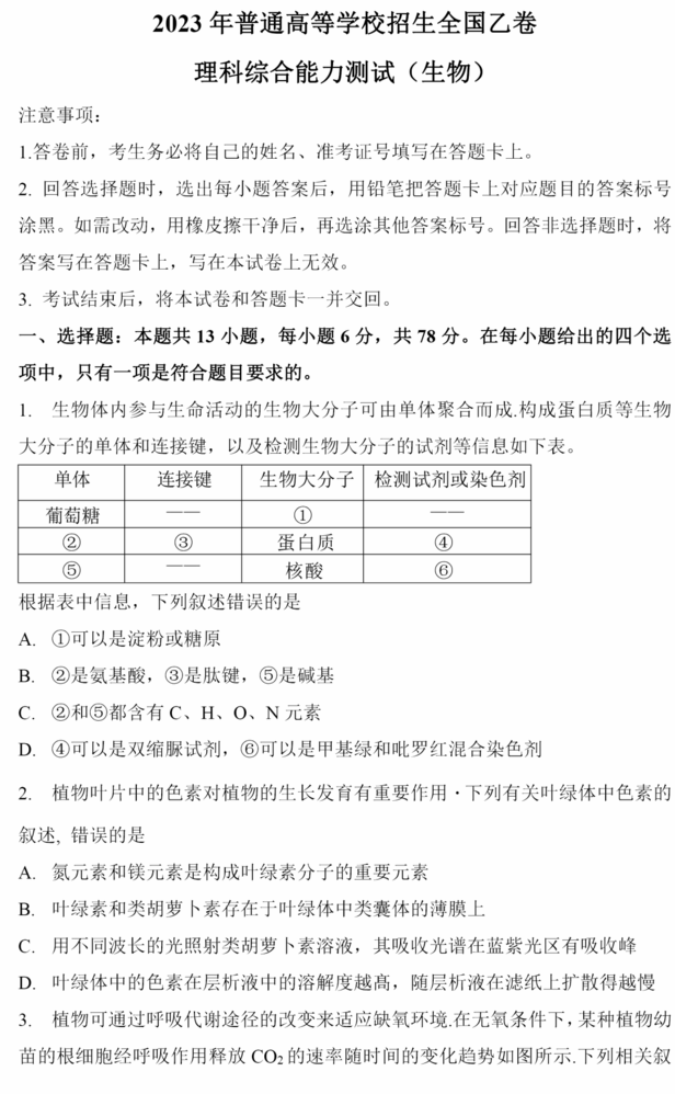 2023年高考全國(guó)乙卷理綜試卷真題及答案解析(完整版)
