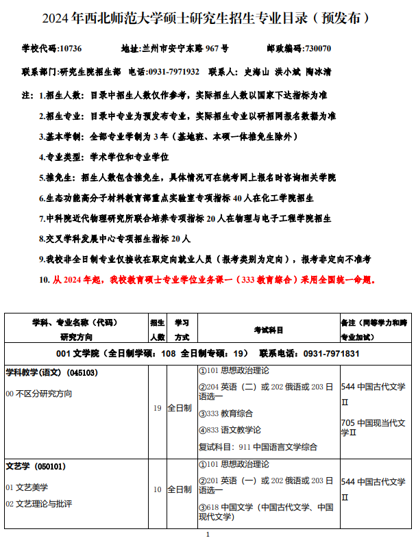 2024年西北師范大學(xué)研究生招生簡章及各專業(yè)招生計(jì)劃人數(shù)