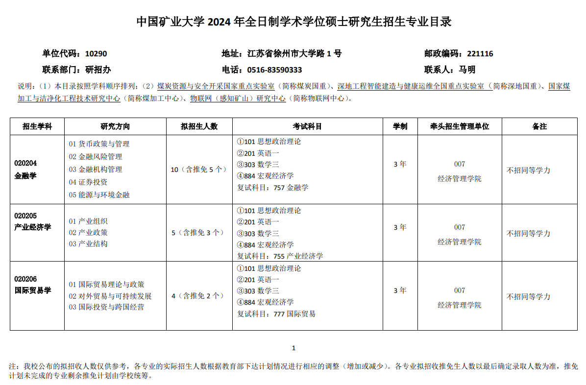 2024年中國礦業(yè)大學(xué)研究生招生簡章及各專業(yè)招生計劃人數(shù)