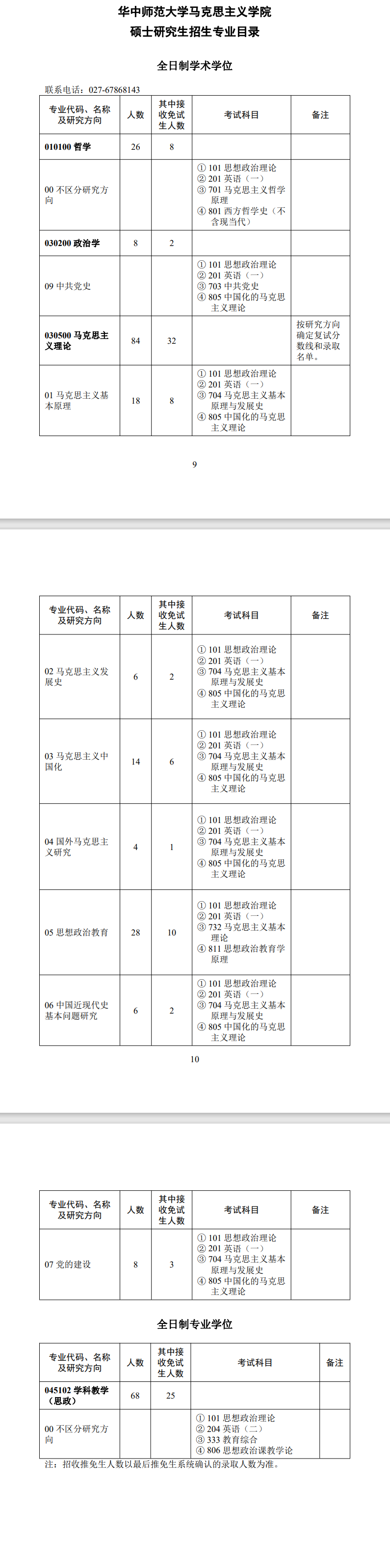 華中師范大學(xué)2024碩士研究生招生專業(yè)目錄及考試科目