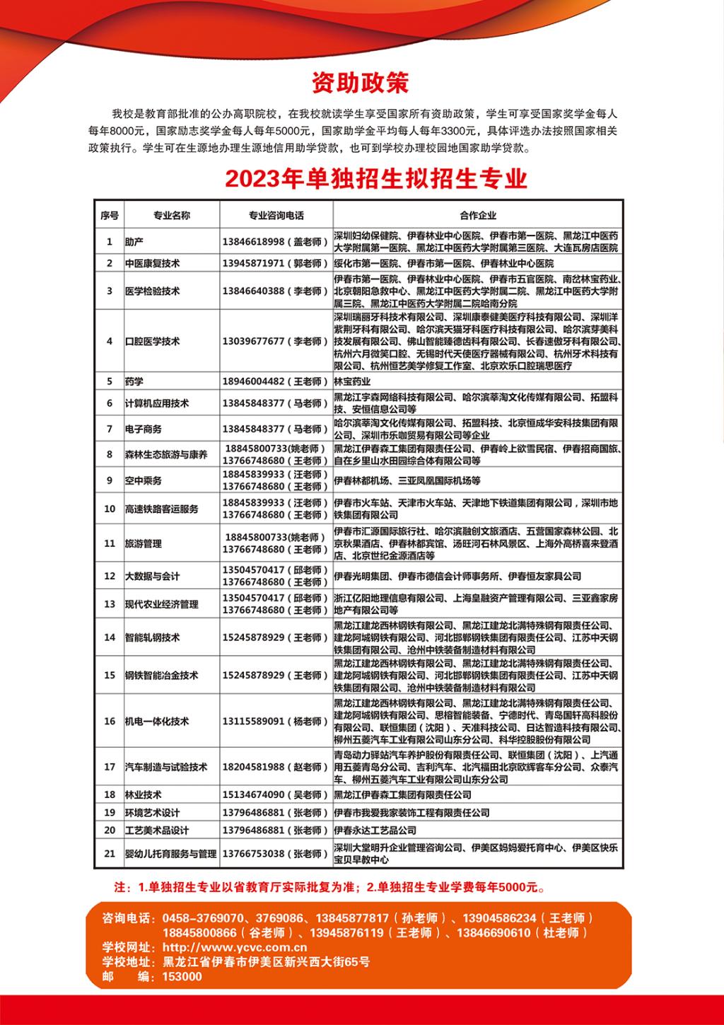 伊春職業(yè)學(xué)院單招專業(yè)一覽表