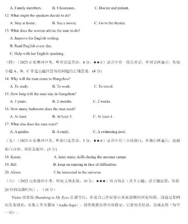 2024年德州中考英語試卷真題及答案解析