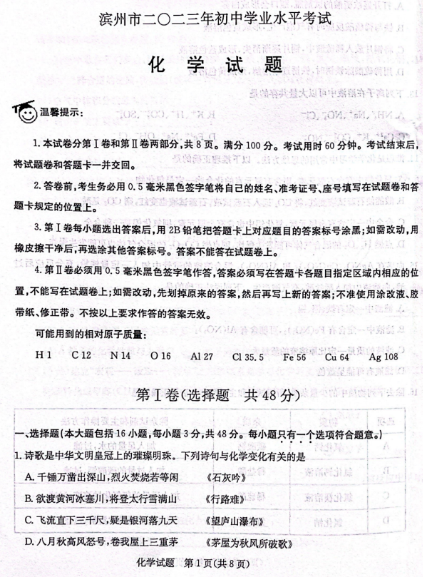 2024年濱州中考化學(xué)試卷真題及答案解析