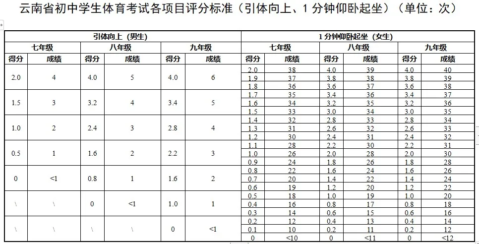 2025年云南省中考體育考試項目及評分標(biāo)準(zhǔn)(最新)