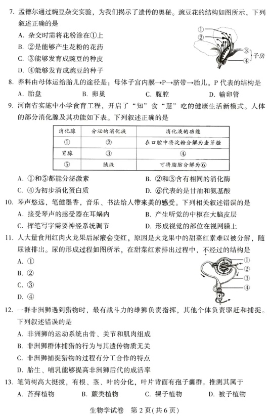 2025年商丘中考生物試卷真題及答案解析(考后更新)